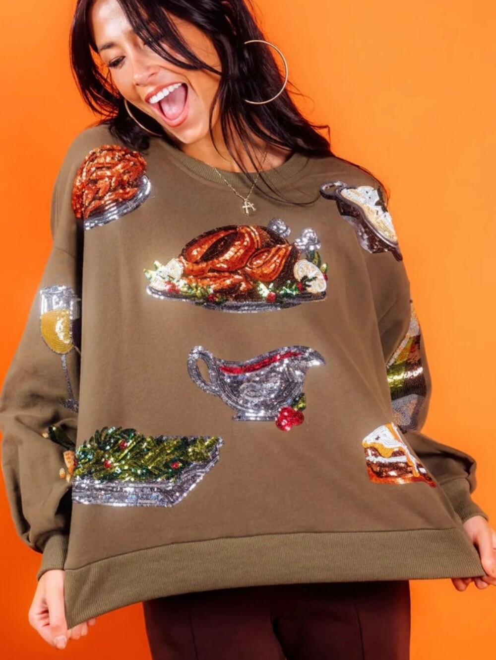 QUEEN OF SPARKLES Olive Green Sequin Thanksgiving Sweatshirt
